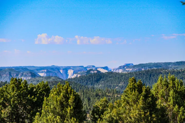 Expansive mountain range with rugged cliffs and dense evergreen forests