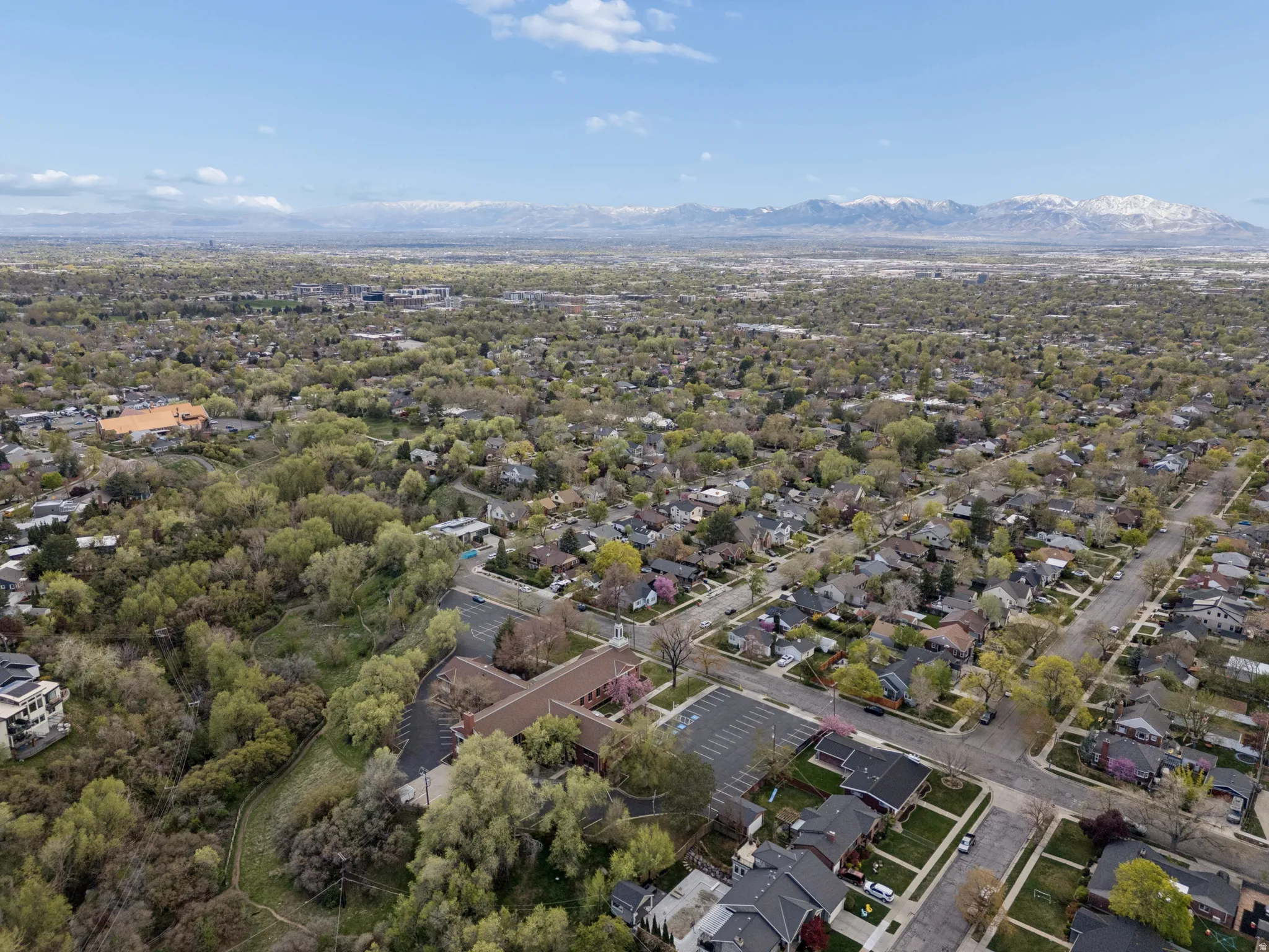 Expansive aerial perspective showcasing a residential area with mature tree cover and distant snow-capped mountains