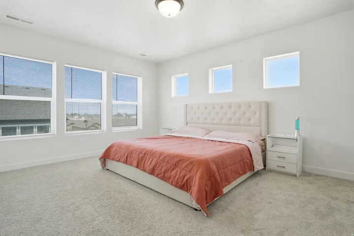 Carpeted room featuring multiple windows, white walls, and a flush-mount ceiling light fixture
