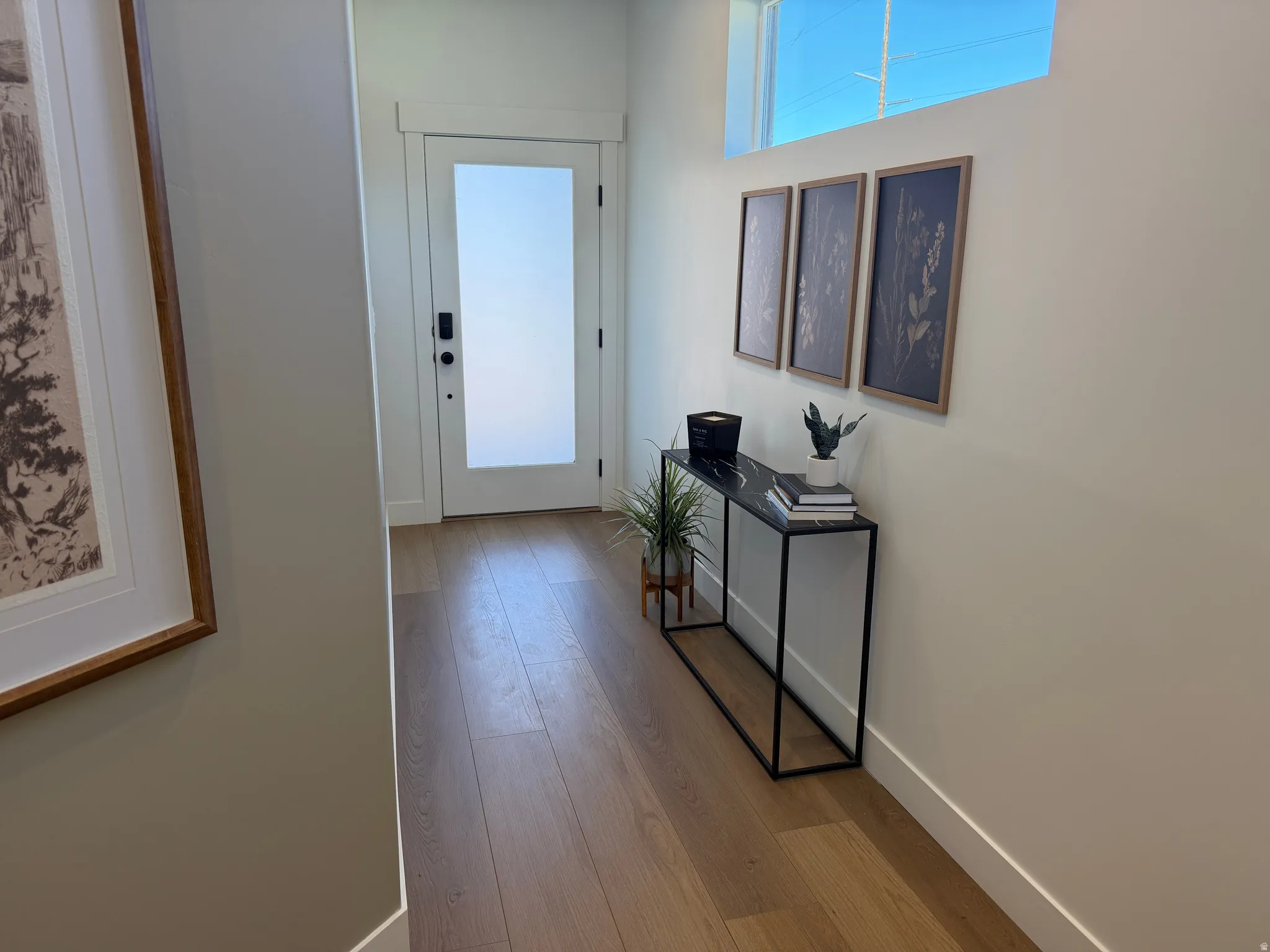 Entryway featuring a white frosted glass door, wood-finish flooring, a transom window, and white baseboards