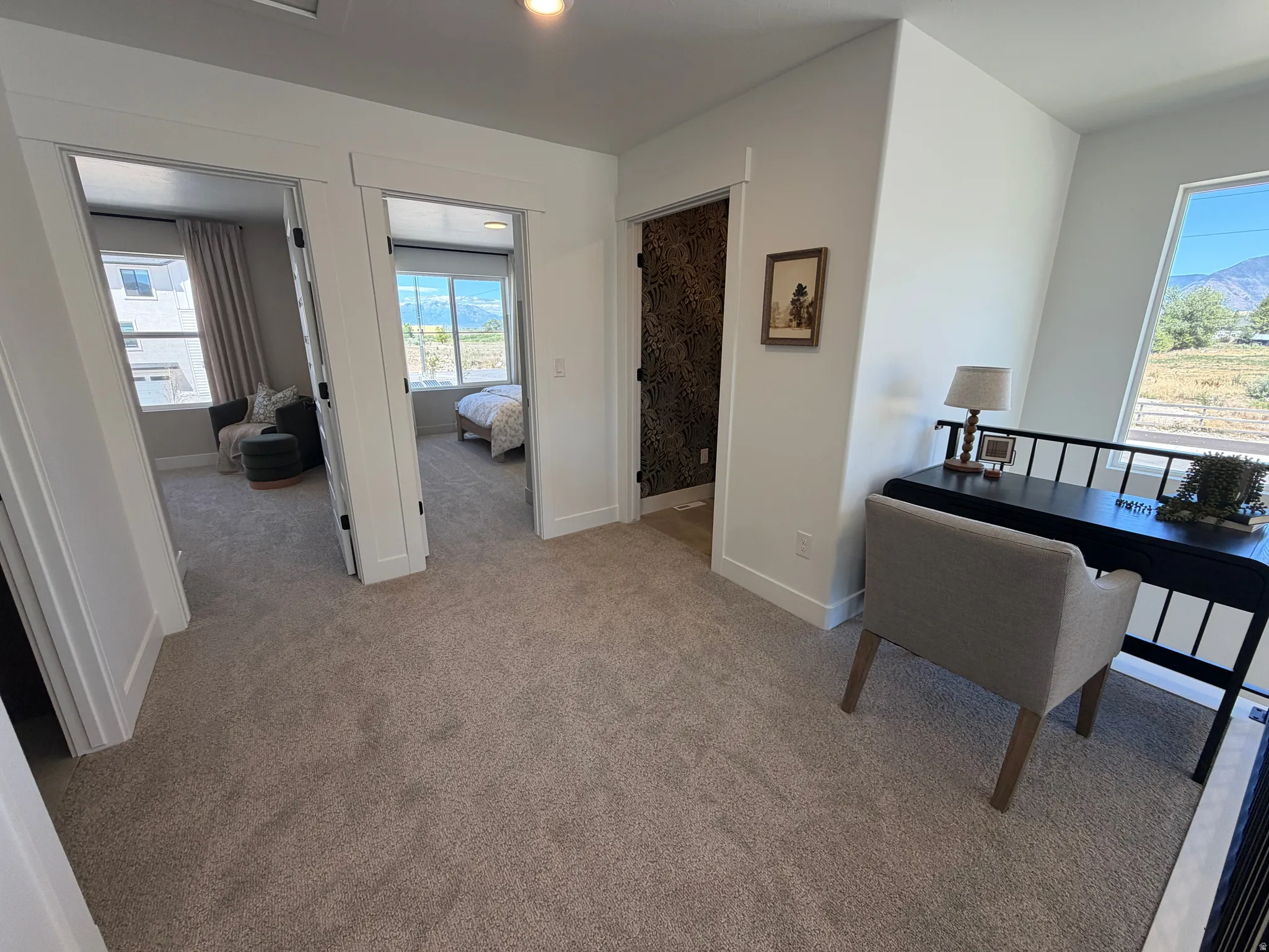 Carpeted hallway featuring multiple doorways, white trim work, and a loft area with a black railing
