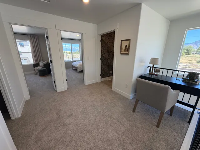 Carpeted hallway featuring multiple doorways, white trim work, and a loft area with a black railing