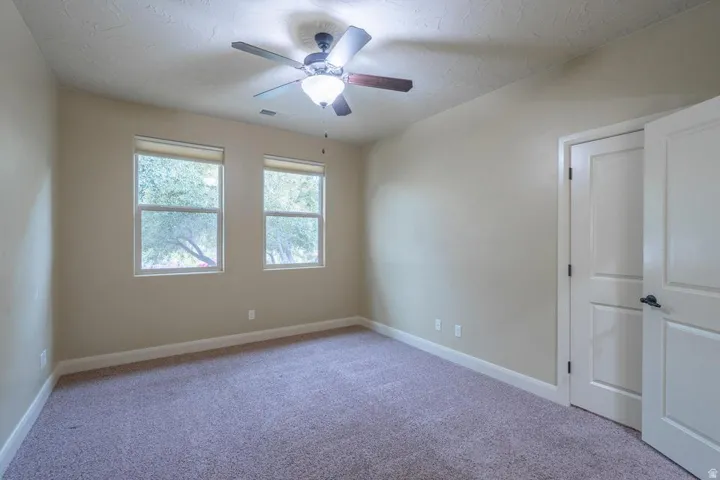 Carpeted interior space featuring two windows with roller shades, a ceiling fan with integrated lighting, and a white paneled door with dark hardware