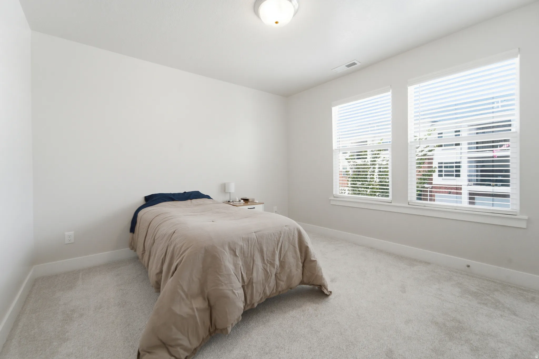 Bright room featuring two large windows with blinds, light gray carpeting, neutral wall paint, and a ceiling-mounted light fixture
