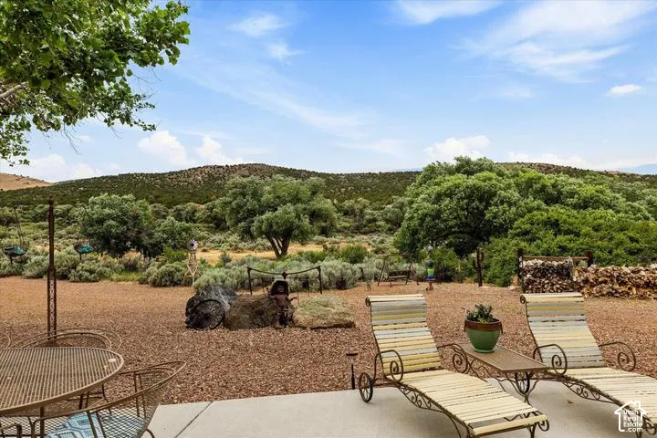 Expansive outdoor patio with concrete flooring, overlooking a landscape with mature trees and shrubbery