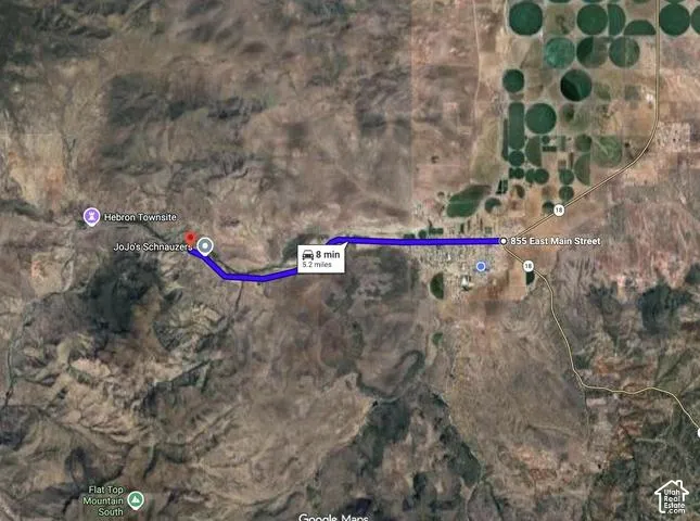 Map Image. Illustrating a route between two specified locations and estimated travel time