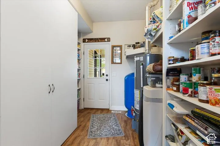 Utility room featuring wood-finish flooring, a white paneled door with glass inserts, and built-in white storage cabinets