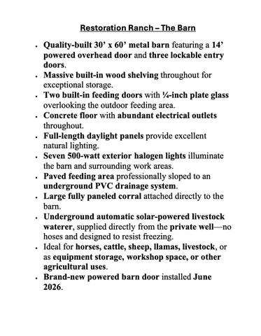 Property Description. Detailing features and specifications of the barn structure and associated systems