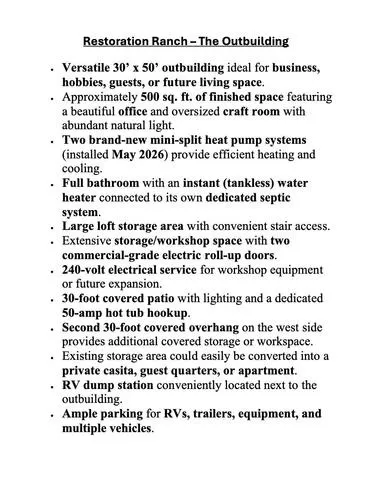 Property Description, Outbuilding Details. Itemizing features and specifications of an accessory structure on the property