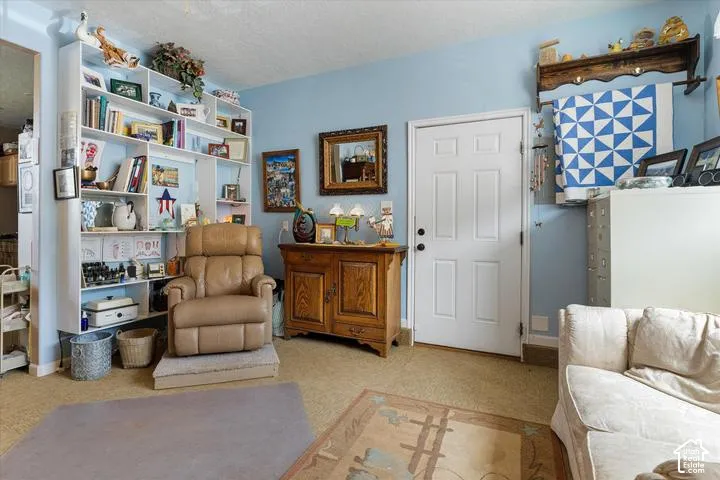 Interior space featuring built-in shelving, wood-finish flooring, and a paneled entry door