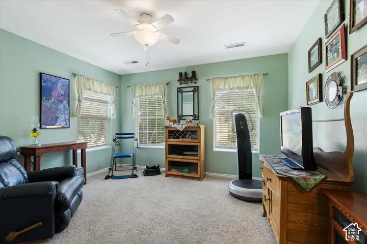 Bright room featuring light green walls and neutral carpet flooring