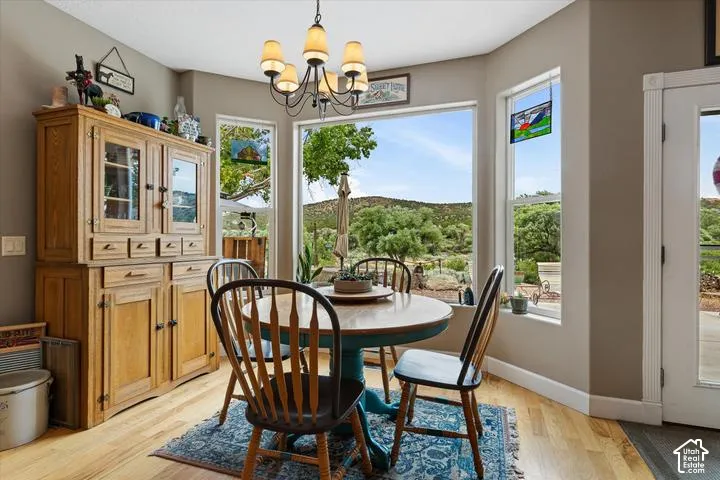Dining area featuring a bay window with a natural landscape backdrop