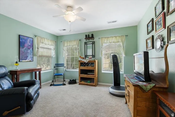 Bright room featuring light green walls and neutral carpet flooring