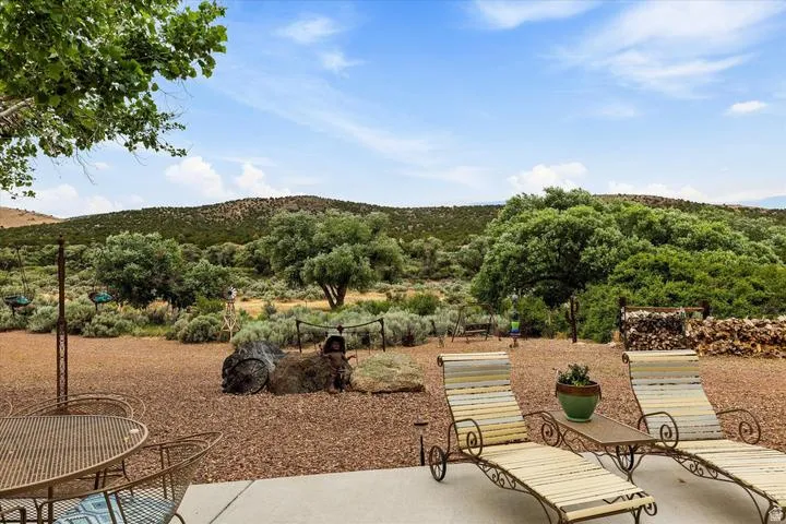 Expansive outdoor patio with concrete flooring, overlooking a landscape with mature trees and shrubbery