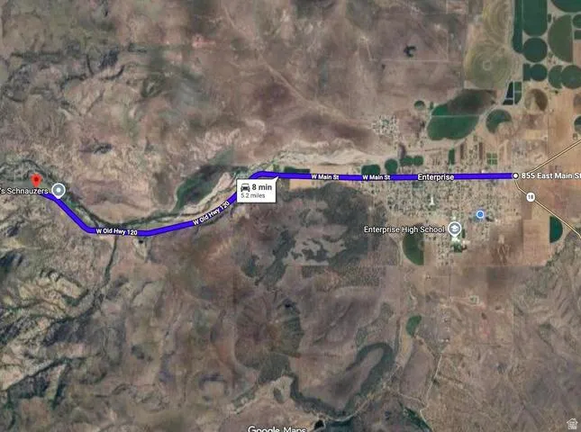 Map. Displaying a route between two points, including road names and travel time