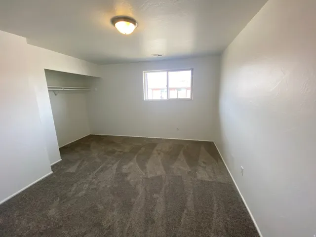Room featuring neutral-toned carpeting, white walls, and a single window