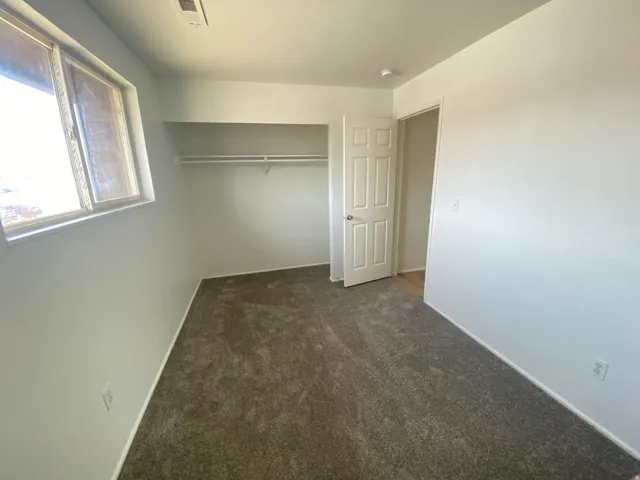 Carpeted interior room featuring a window, closet with shelving, white paneled door, and white painted walls