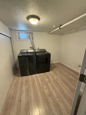 Utility area featuring wood-finish flooring, a flush-mount ceiling light, and a compact window