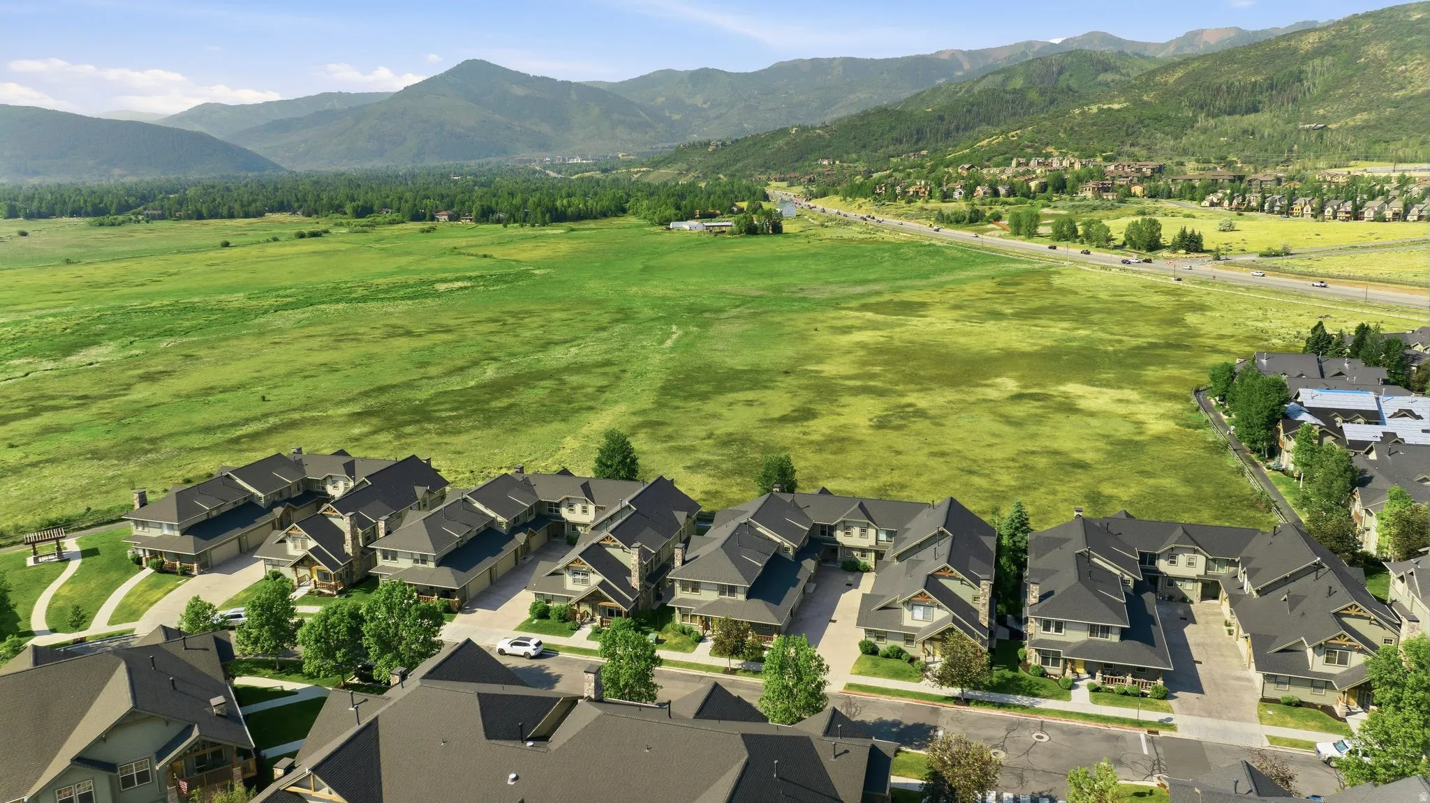 Aerial perspective showcasing a residential development with dark-toned roofs and light-toned siding, surrounded by mature trees