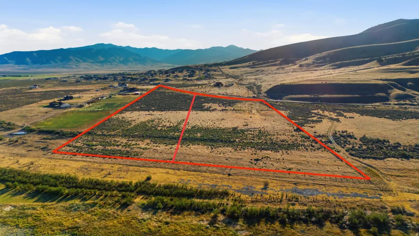Expansive undeveloped land parcel outlined in red, featuring natural vegetation and a distant mountain backdrop