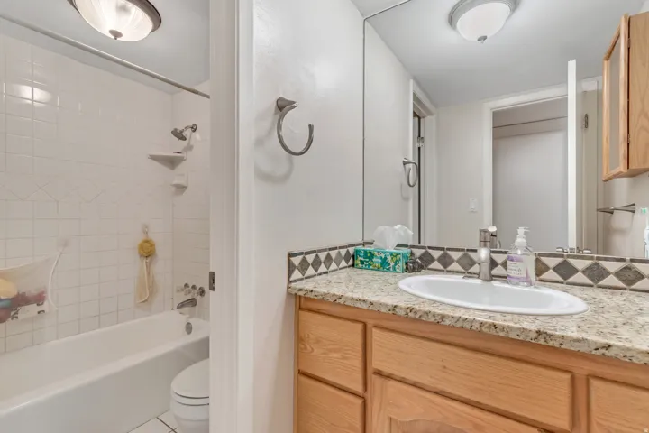Bathroom featuring a light wood-finish vanity with granite-style countertop and an integrated sink