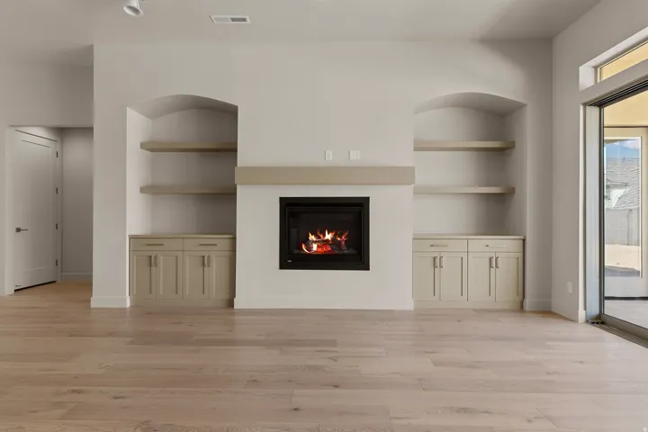 Central fireplace with hearth, flanked by arched built-in shelving units, lower cabinetry, and wood-finish flooring