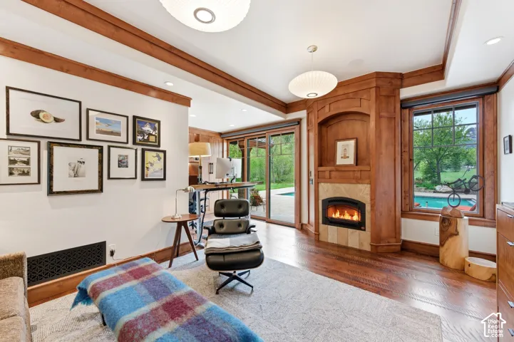 Hardwood flooring, a built-in fireplace with a stone surround, wood-trimmed windows, a sliding glass door, and recessed lighting