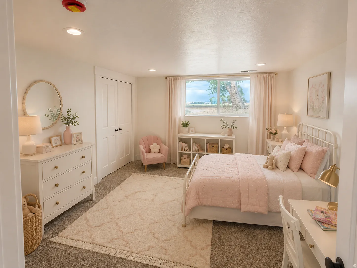 Staged Recessed ceiling lighting illuminates a room with light gray carpet flooring and white walls