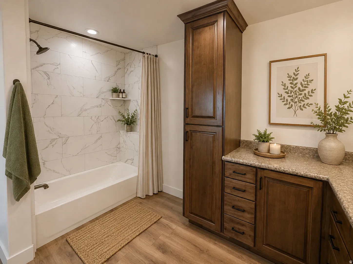 Staged Bathroom featuring a white tub with white subway tile surround, dark bronze showerhead, and wood-finish flooring