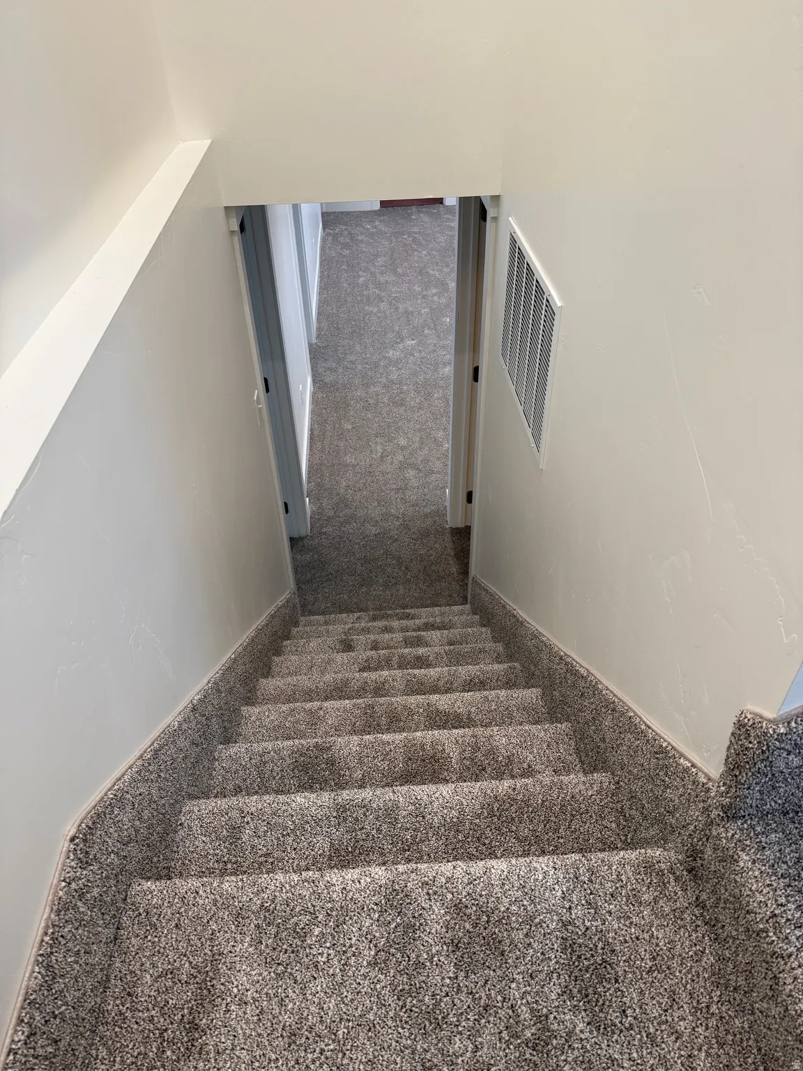 Carpeted staircase with light white walls