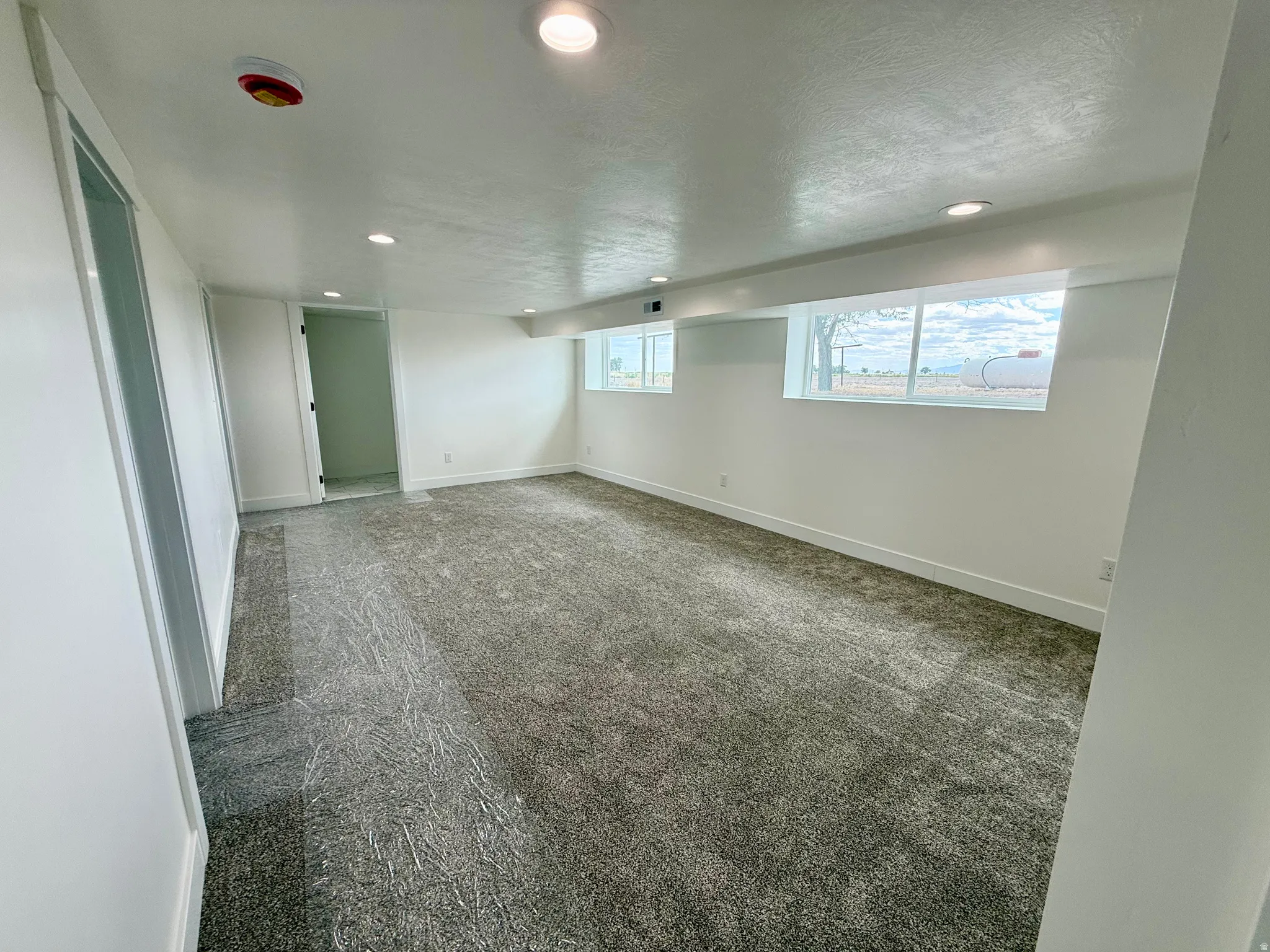 Spacious room with tan carpet flooring and white walls