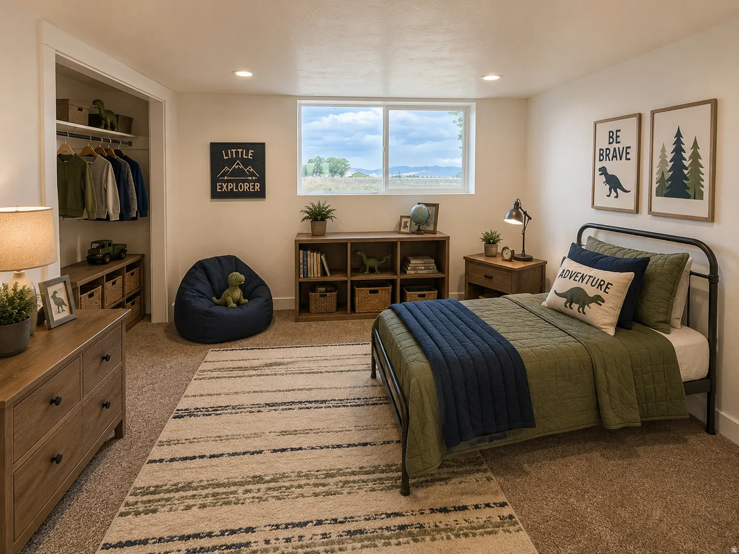 Staged Bright bedroom featuring a large window, neutral carpeting, and a built-in closet with shelving