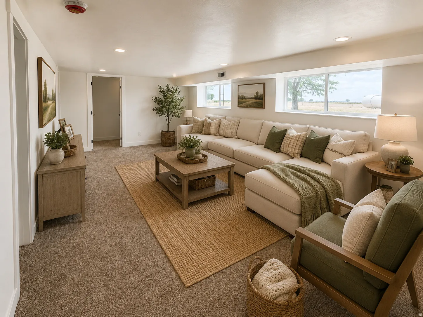 Staged Spacious living area featuring neutral carpeting, recessed lighting, and white walls
