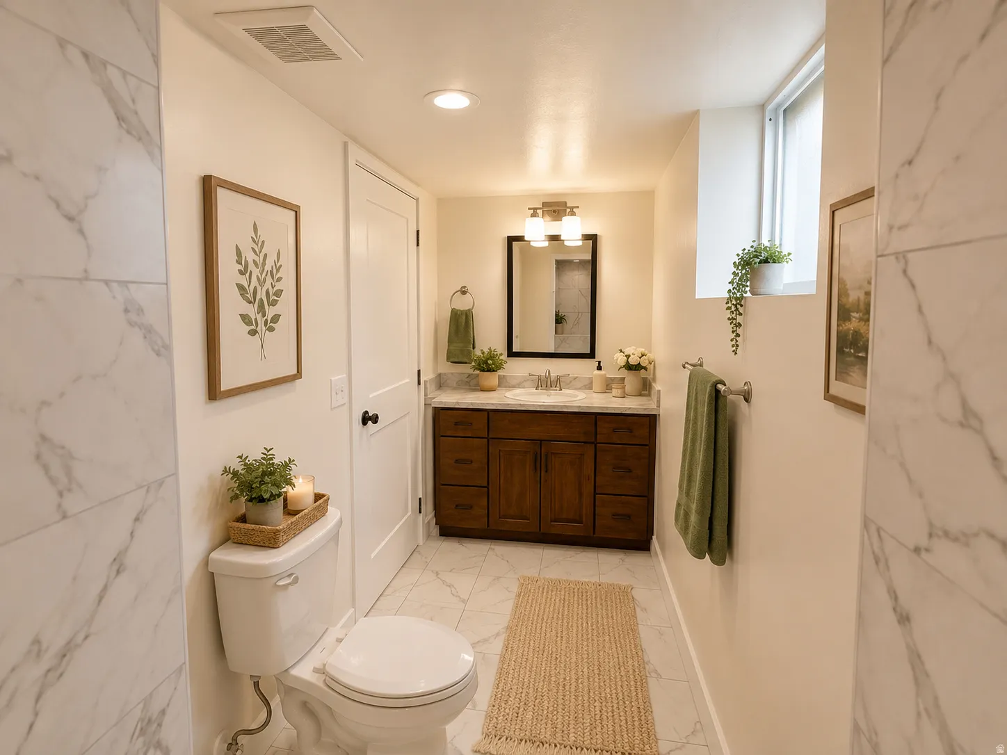 StagedBathroom featuring a dark wood vanity with a white countertop and undermount sink, a framed mirror, and a three-light fixture