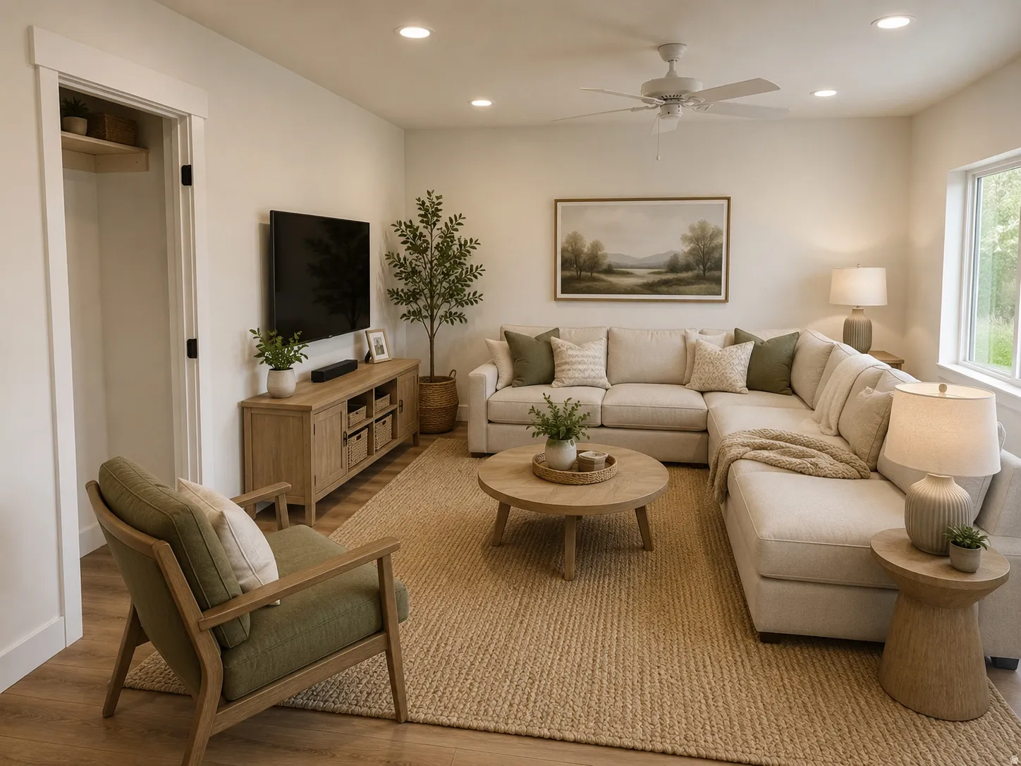 Staged Bright living space featuring recessed lighting and a ceiling fan
