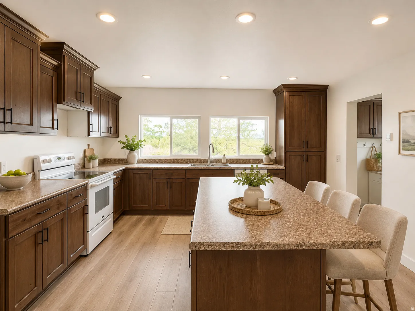 Staged Kitchen featuring wood-finish cabinetry, speckled countertops, and wood-finish flooring