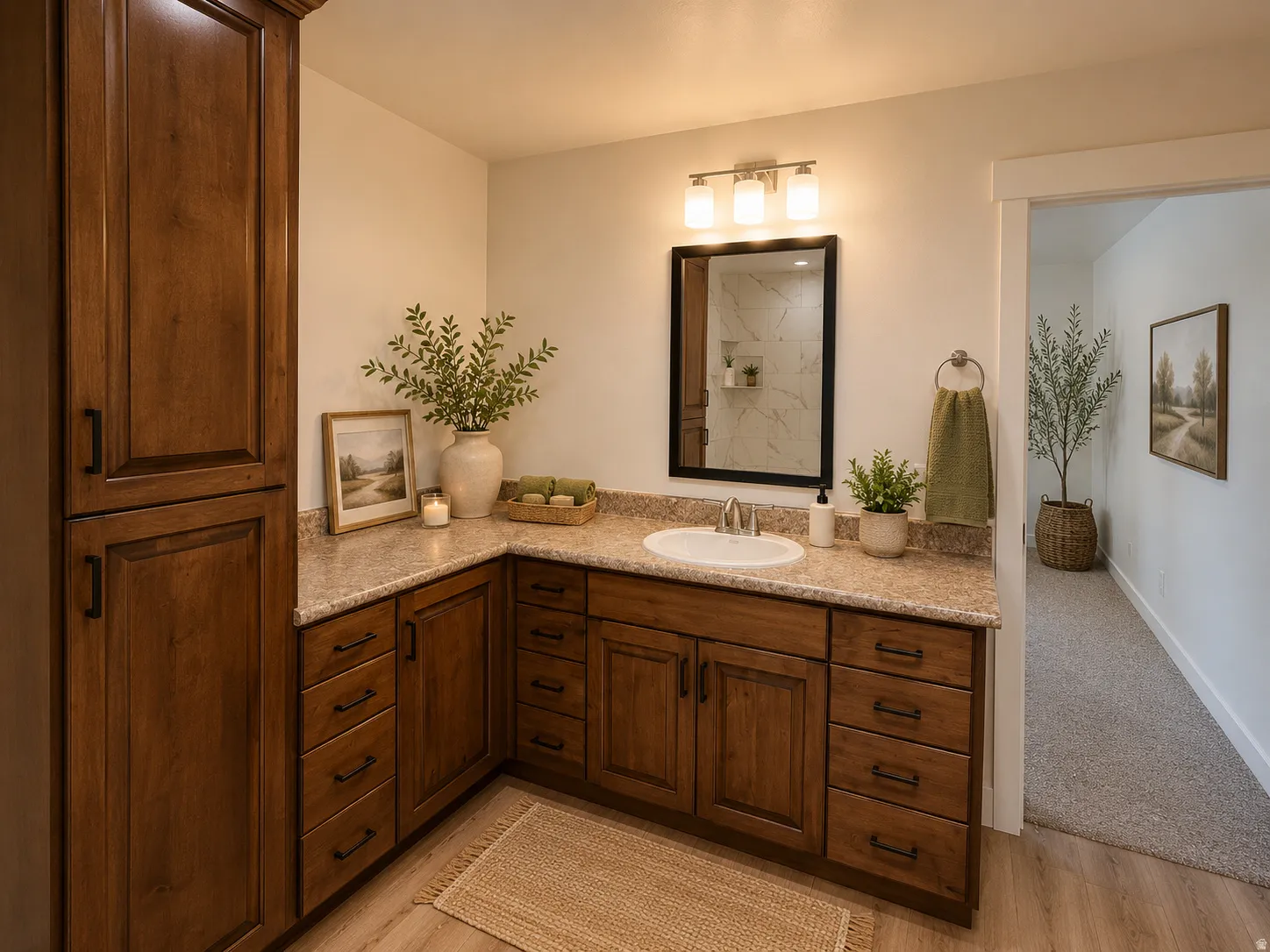 Staged Expansive wood-finish cabinetry with dark hardware, a spacious countertop, and a built-in sink