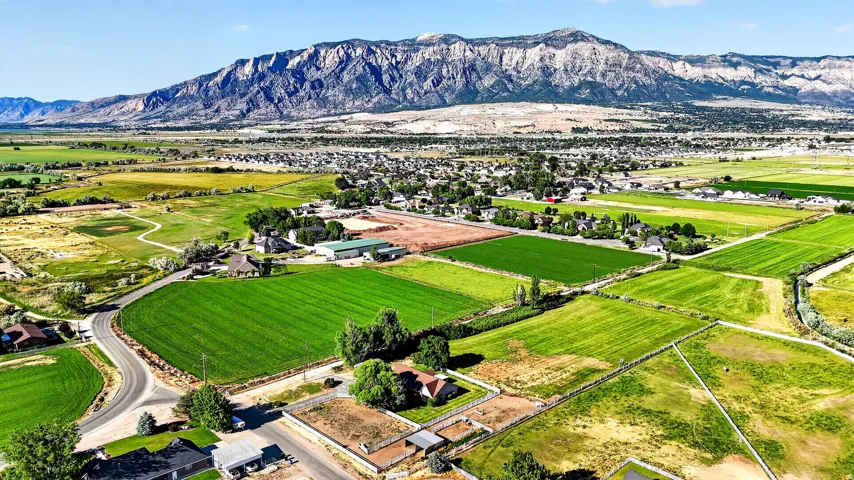 Expansive green fields with distant mountain backdrop, featuring scattered residential properties, paved roads, and mature trees