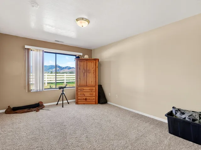 Carpeted room featuring neutral-toned walls, a white baseboard, and a window with vertical blinds