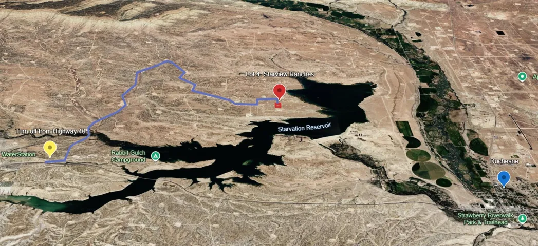Aerial Map. Illustrating the path from a water station to a reservoir and surrounding terrain