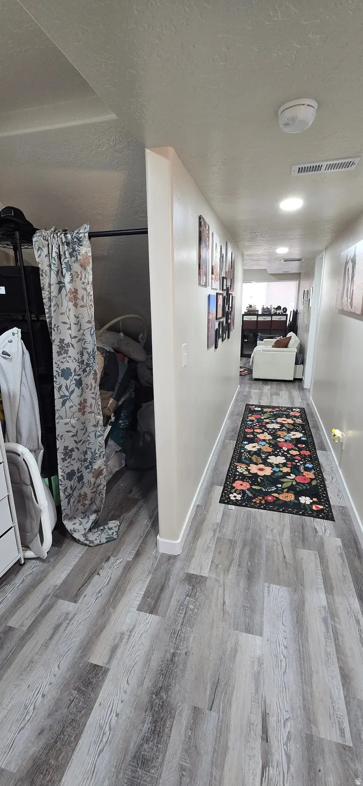 Hallway featuring wood-finish flooring and recessed lighting