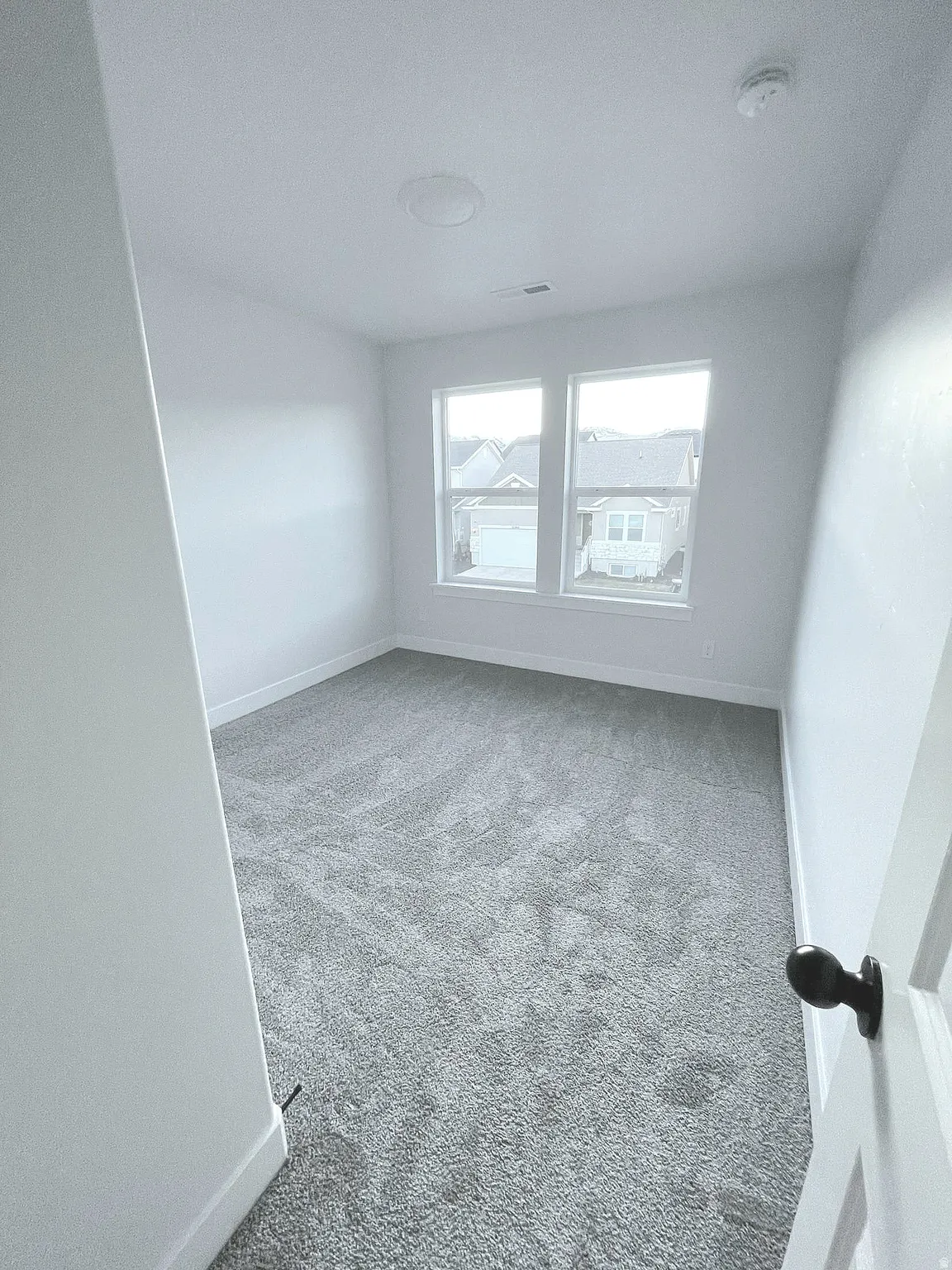 Room featuring plush gray carpeting, white walls, and two large windows
