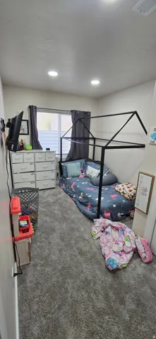 Bedroom featuring soft gray carpet, recessed ceiling lighting, a window with horizontal blinds, and a built-in wall-mounted television bracket