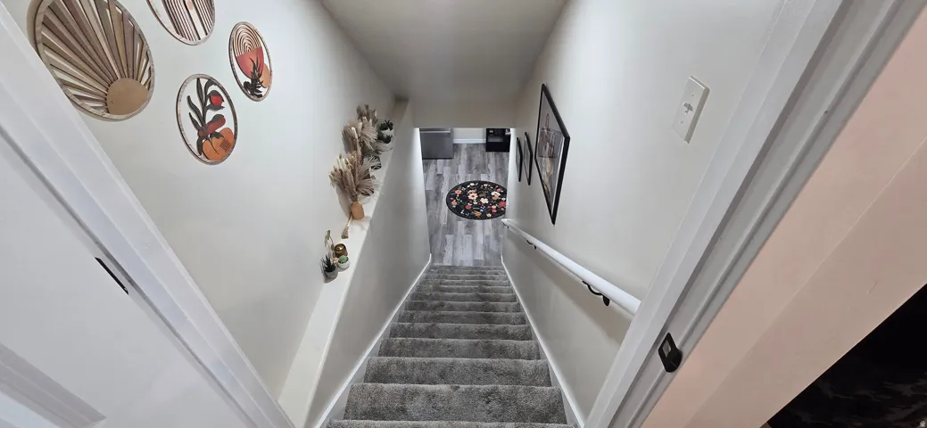 Carpeted staircase with white handrail and light-toned walls