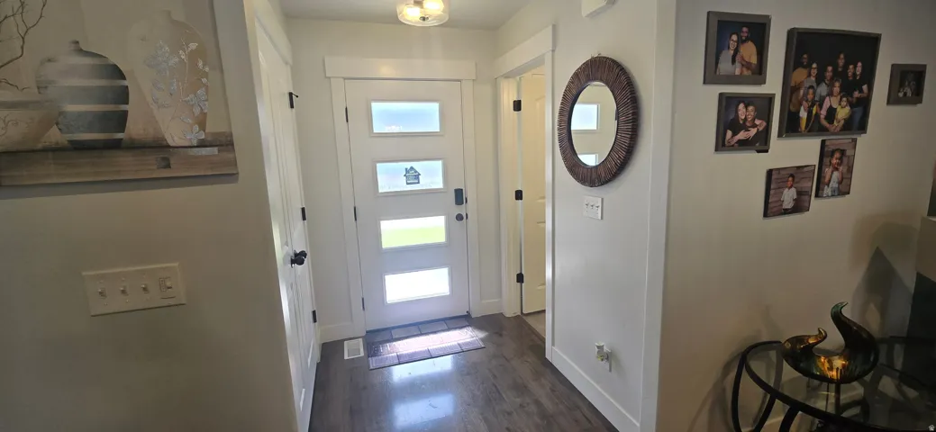 Foyer featuring a modern white entry door with frosted glass panels, wood-finish flooring, a contemporary flush-mount ceiling light, and bright white trim