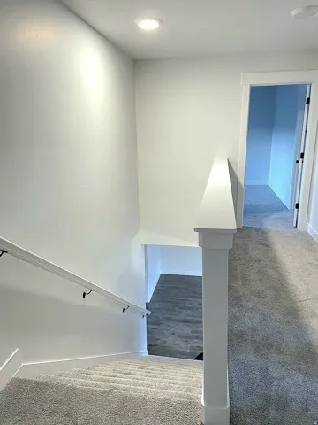 Carpeted stairway with a contrasting wood-finish landing below, featuring a white handrail and recessed lighting