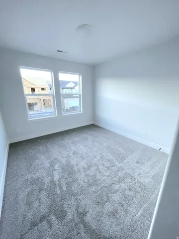 Bright room featuring two windows with white trim, gray textured carpet, white walls, and a flush-mount ceiling light