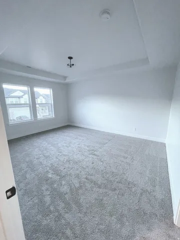 Spacious room featuring light gray carpeting, neutral wall finishes, and a tray ceiling with a central lighting fixture