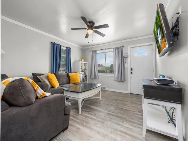 Living room featuring wood-finish flooring, a ceiling fan, and a white entry door with an arched window accent