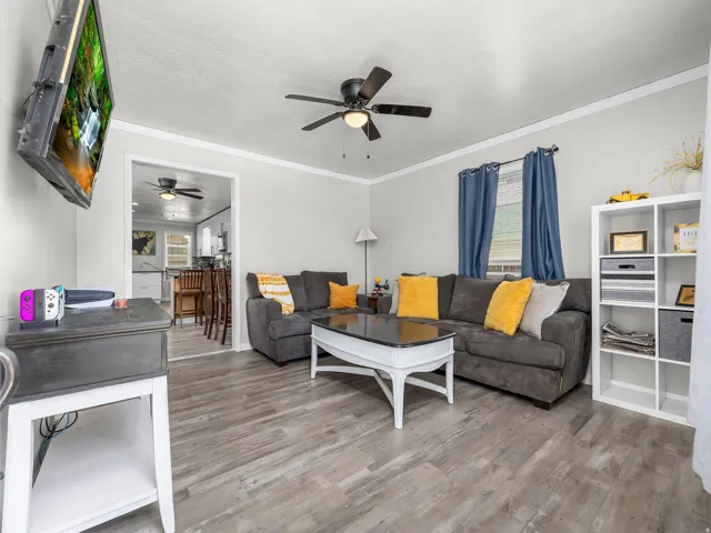 Living area featuring wood-finish flooring, a ceiling fan, crown molding, and a window with curtains